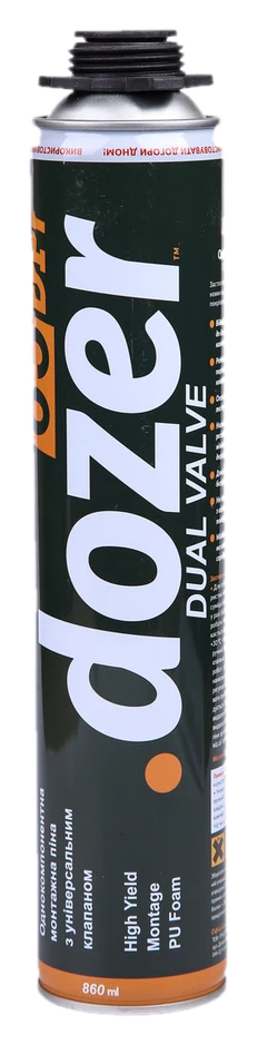 Піна монтажна Dozer Dual Valve 65 л (860 мл), пістолет і трубка