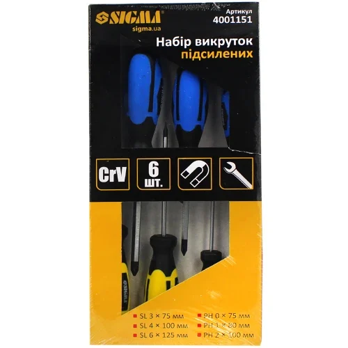 Набір викруток посилених під ключ SIGMA 6 шт (PH0, PH1, PH2, SL3, SL4, SL6) Cr-V