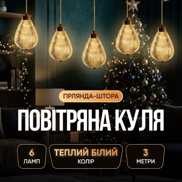 Гірлянда-штора Повітряна куля 3 метри 6 фігур, теплий білий