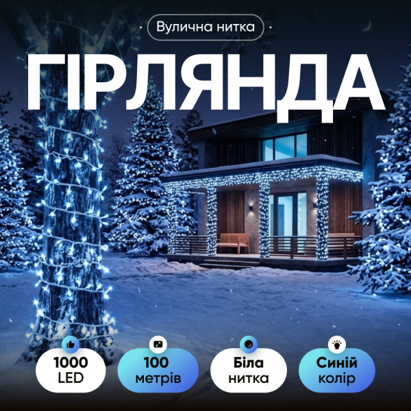 Гірлянда Нитка вулична 1000 LED 100 м біла, синій