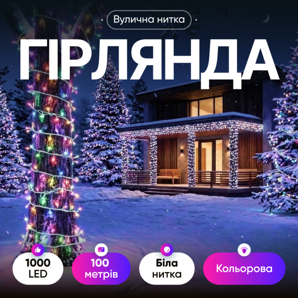 Гірлянда Нитка вулична 1000 LED 100 м біла, мультиколор