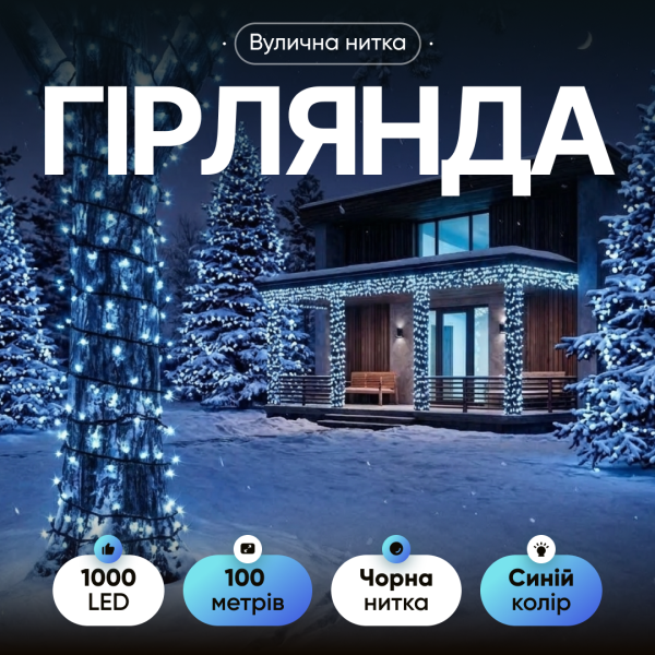 Гірлянда Нитка вулична 1000 LED 100 м чорна, синій