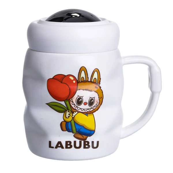 Чашка порцелянова Labubu 400 мл з кришкою, білий з жовтим