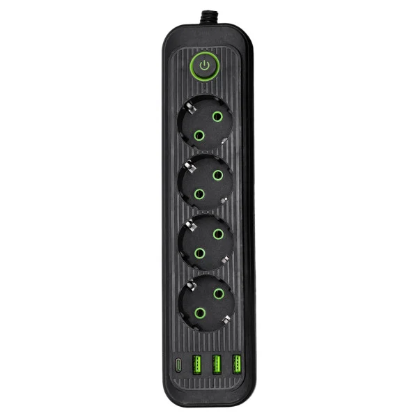 Мережевий фільтр-подовжувач 4 розетки 3 USB A + 1 Type-C на 3 метри, чорний