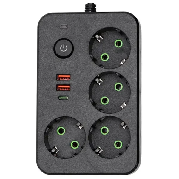 Мережевий фільтр-подовжувач 4 розетки 2 USB-A+1 USB Type-C на 5 метрів, чорний
