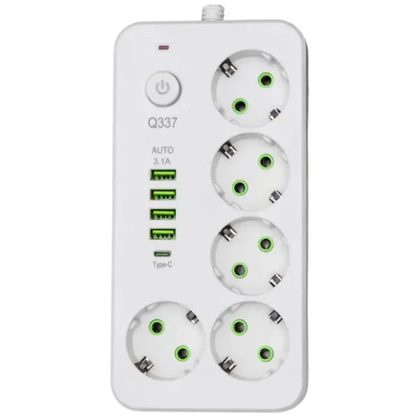 Мережевий фільтр-подовжувач 5 розеток 4 USB-A 1+USB Type-C на 3 метри, білий
