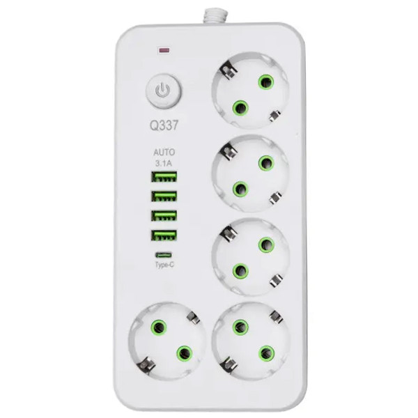 Мережевий фільтр-подовжувач 5 розеток 4 USB-A + 1 USB Type-C на 5 метрів, білий